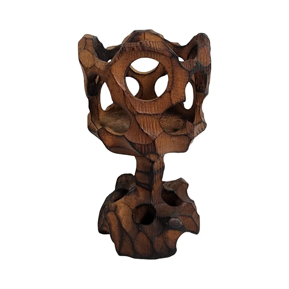 Vintage Hand Carved Brutalist Wood‎ Candle Holder Amber Glass Votive MCM 6.5in